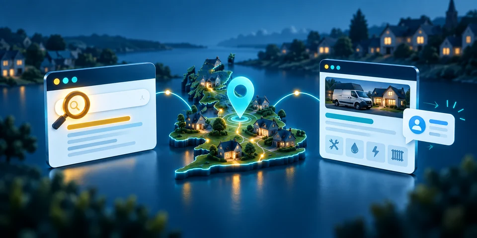 Concept illustration connecting a search panel, a local map and a business website