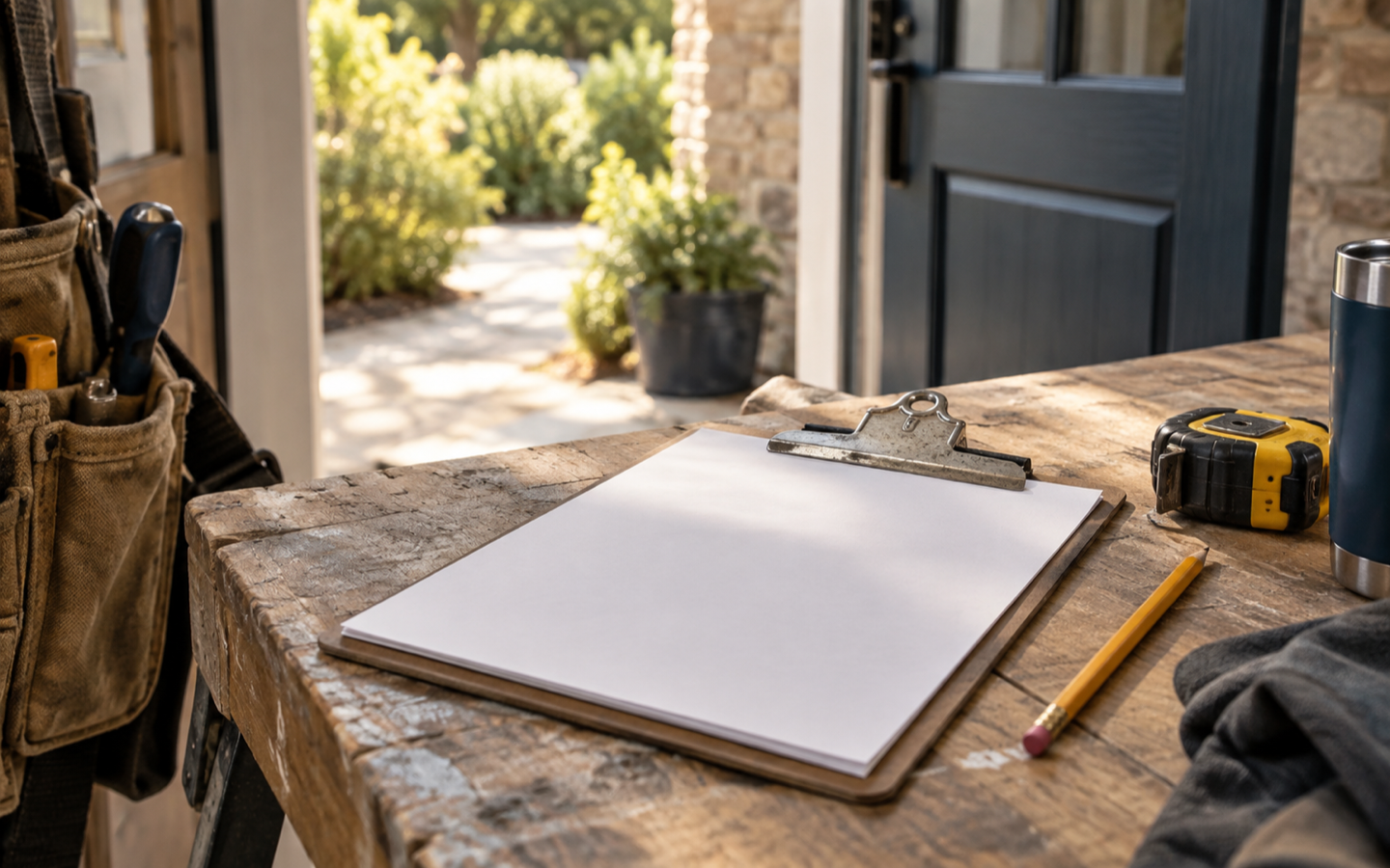 Clipboard and practical tools on a workbench