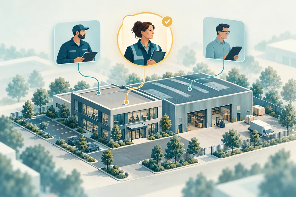 Illustration of a commercial and industrial site connected to three business contacts, with one highlighted in amber