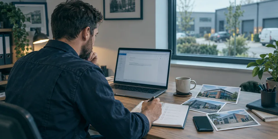 Service-business owner preparing an email introduction beside a prospect checklist and photographs of commercial premises