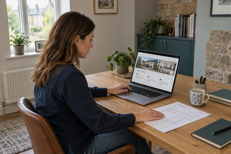 Illustrative scene of a customer checking project examples and reviews alongside a service quotation