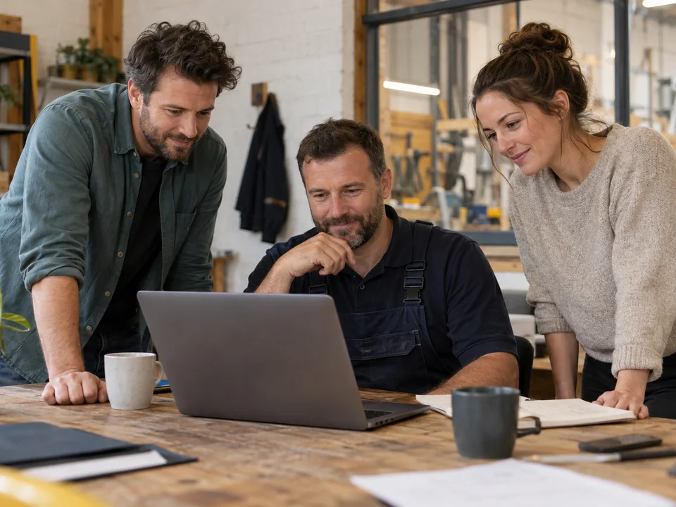 Three colleagues reviewing work together on a laptop in a trade and service business office