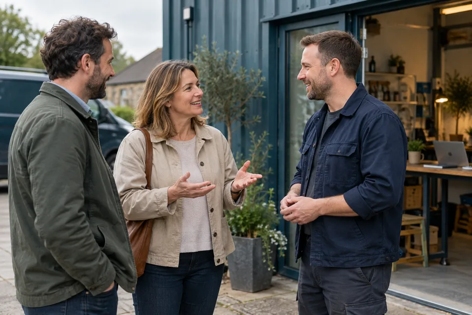 Illustration of a customer introducing a new contact to a service-business owner outside a workshop