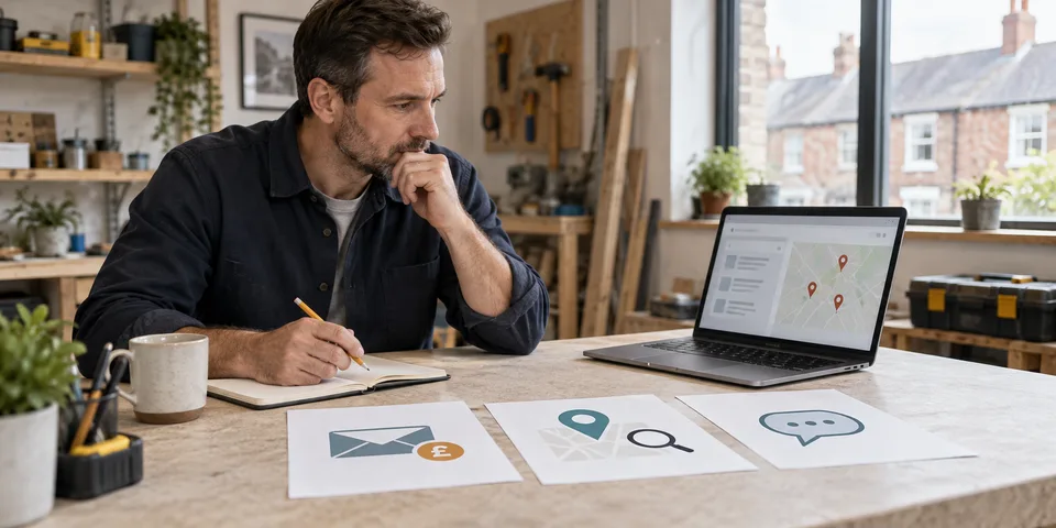 Illustration of a business owner comparing paid enquiries, local search and AI answers