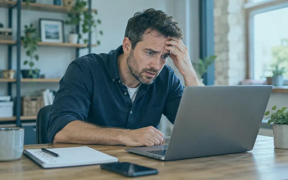 Concerned business owner looking at a laptop with one hand against his forehead