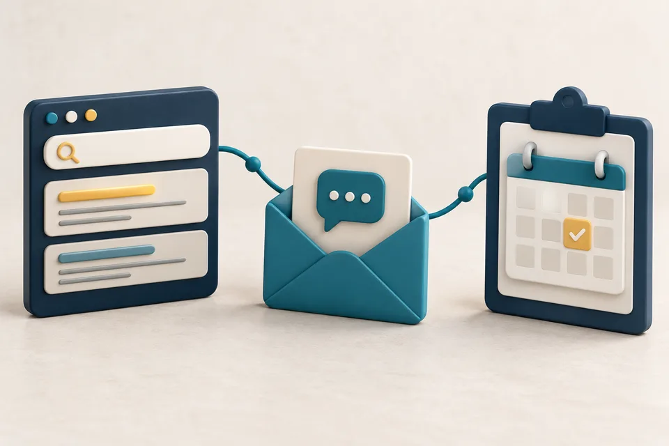 Illustration connecting a search result to an enquiry envelope and a booked-job calendar in navy, teal and light amber