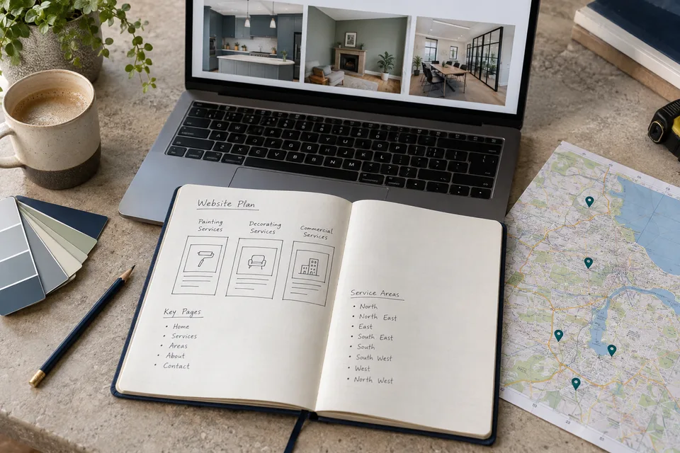 Illustration of a website plan beside a coverage map, with decorating project images on a laptop