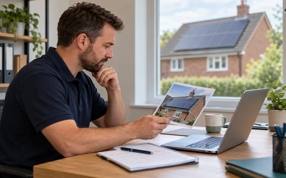 Solar business owner reviewing a roof photograph beside a laptop and appointment planner