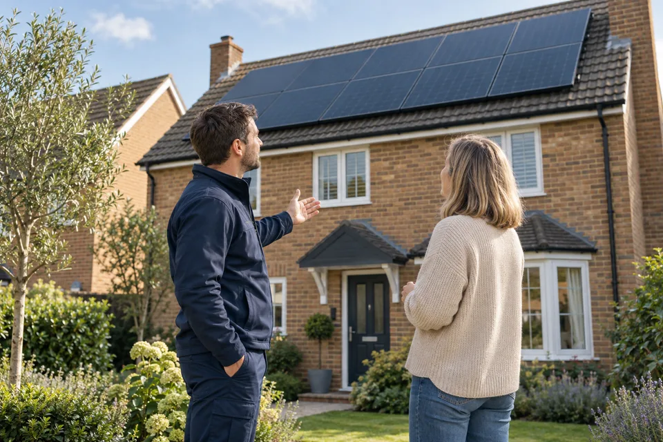 Illustrative scene of a solar installer and homeowner discussing rooftop solar panels outside a UK house